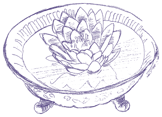 Pencil illustration of a lotus flower floating in a shallow, patinaed bowl.