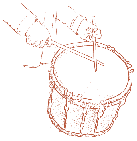 Pencil illustration of a side drum being played with drumsticks.