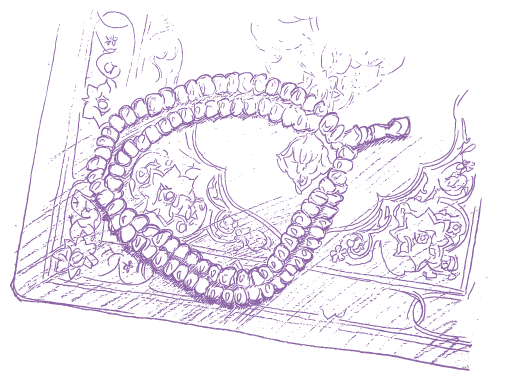 Pencil illustration of Misbaha prayer beads resting on the corner of a Qu’ran.